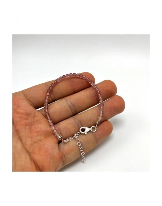 SERTİFİKALI Çilek Kuvars 4mm 925 Ayar Gümüş Doğal Taş Bileklik Uzatma Zincirli