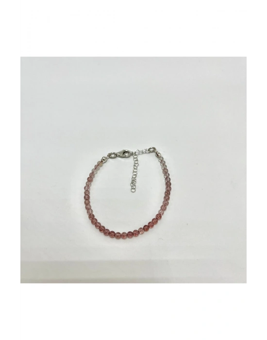 SERTİFİKALI Çilek Kuvars 4mm 925 Ayar Gümüş Doğal Taş Bileklik Uzatma Zincirli