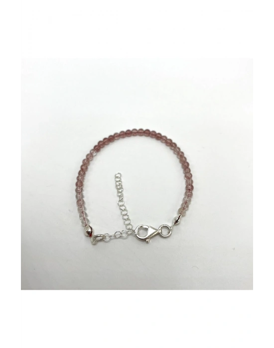 SERTİFİKALI Çilek Kuvars 4mm 925 Ayar Gümüş Doğal Taş Bileklik Uzatma Zincirli