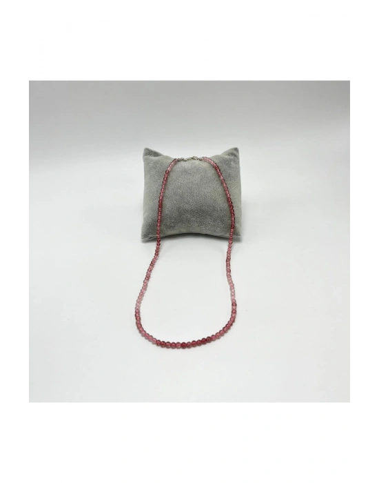 SERTİFİKALI Çilek Kuvars 4mm 925 Ayar Gümüş Doğal Taş Kolye Uzatma Zincirli