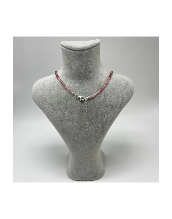 SERTİFİKALI Çilek Kuvars 4mm 925 Ayar Gümüş Doğal Taş Kolye Uzatma Zincirli