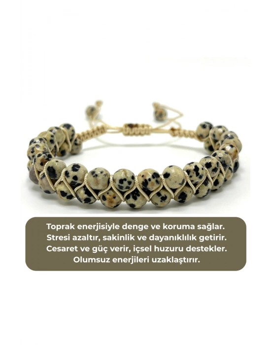 SERTİFİKALI Dalmaçyalı Jasper Çift Sıra Doğal Taş Makrome Bileklik Ayarlanabilir Ölçü
