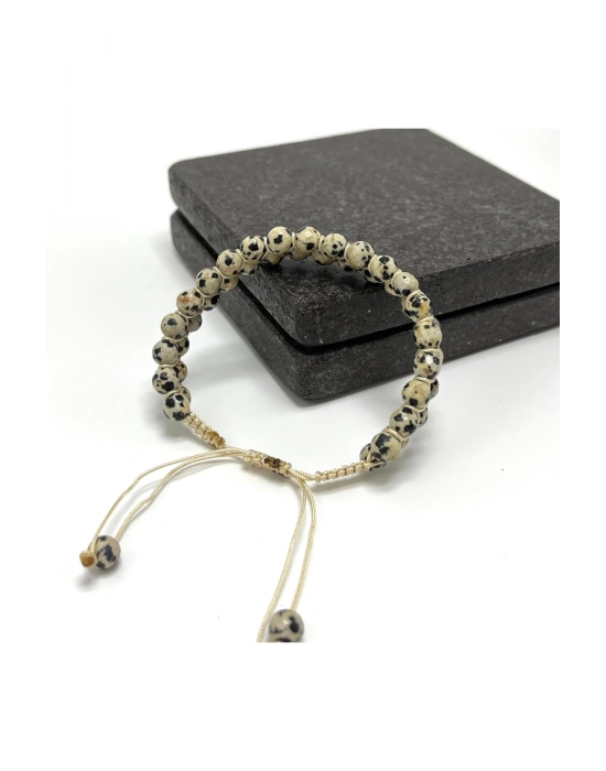 SERTİFİKALI Dalmaçyalı Jasper Çift Sıra Doğal Taş Makrome Bileklik Ayarlanabilir Ölçü