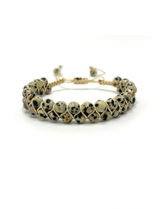 SERTİFİKALI Dalmaçyalı Jasper Çift Sıra Doğal Taş Makrome Bileklik Ayarlanabilir Ölçü