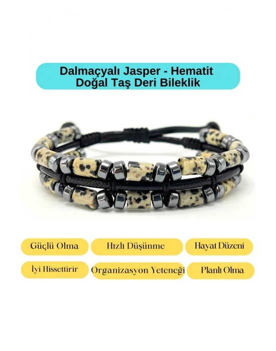 Sertifikalı Dalmaçyalı Jasper ve Hematit Makrome Doğal Taş Deri Erkek Bileklik