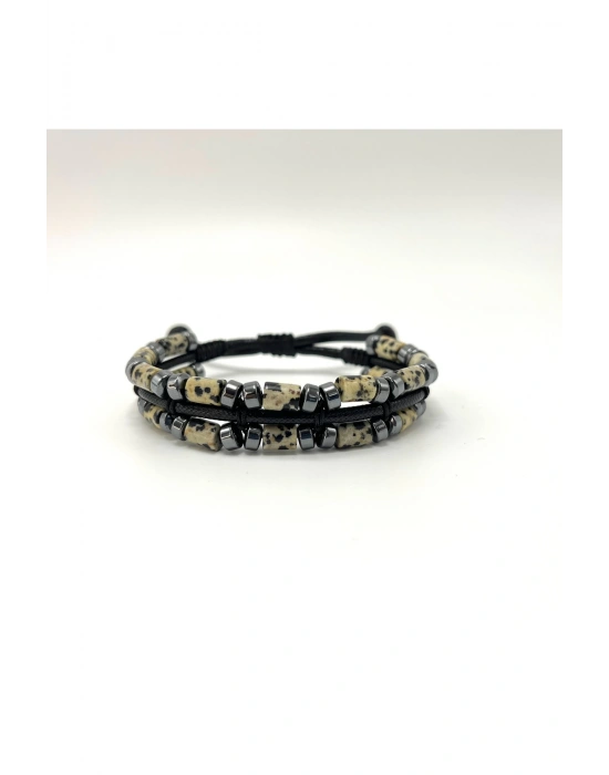 Sertifikalı Dalmaçyalı Jasper ve Hematit Makrome Doğal Taş Deri Erkek Bileklik