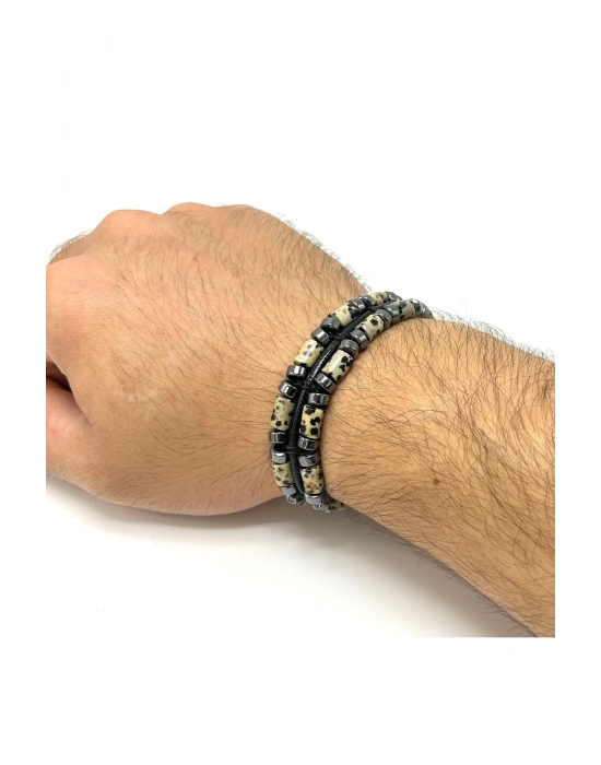 Sertifikalı Dalmaçyalı Jasper ve Hematit Makrome Doğal Taş Deri Erkek Bileklik
