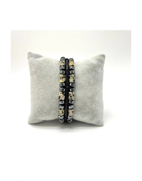 Sertifikalı Dalmaçyalı Jasper ve Hematit Makrome Doğal Taş Deri Erkek Bileklik