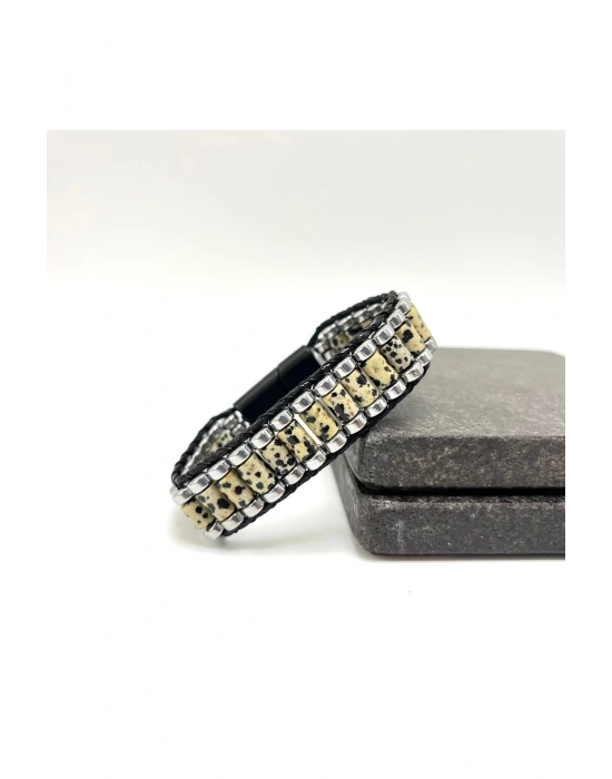 Sertifikalı Dalmaçyalı Jasper ve Hematit Silindir Kesim Kilitli Doğal Taş Deri Erkek Bileklik