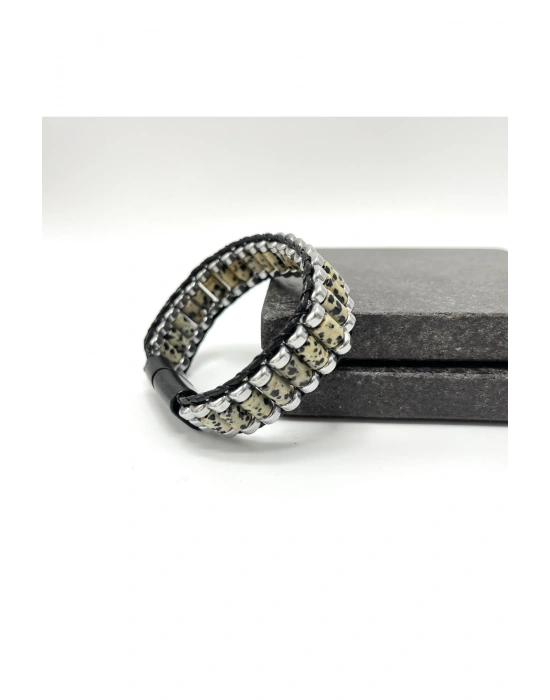 Sertifikalı Dalmaçyalı Jasper ve Hematit Silindir Kesim Kilitli Doğal Taş Deri Erkek Bileklik