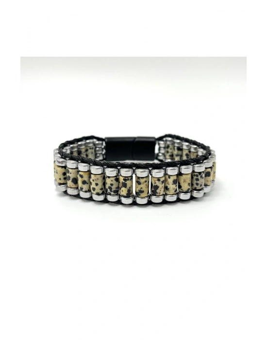 Sertifikalı Dalmaçyalı Jasper ve Hematit Silindir Kesim Kilitli Doğal Taş Deri Erkek Bileklik