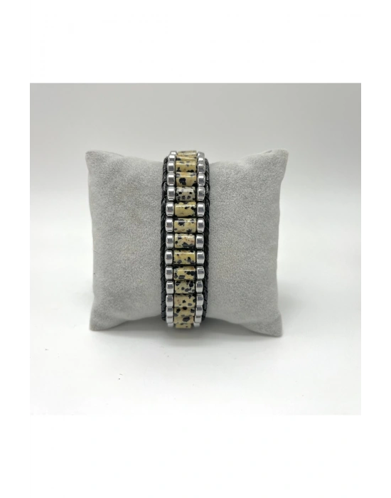 Sertifikalı Dalmaçyalı Jasper ve Hematit Silindir Kesim Kilitli Doğal Taş Deri Erkek Bileklik