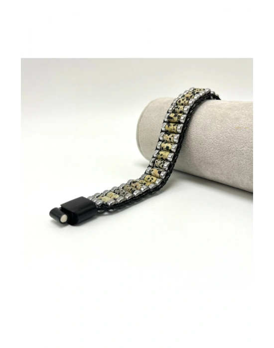 Sertifikalı Dalmaçyalı Jasper ve Hematit Silindir Kesim Kilitli Doğal Taş Deri Erkek Bileklik
