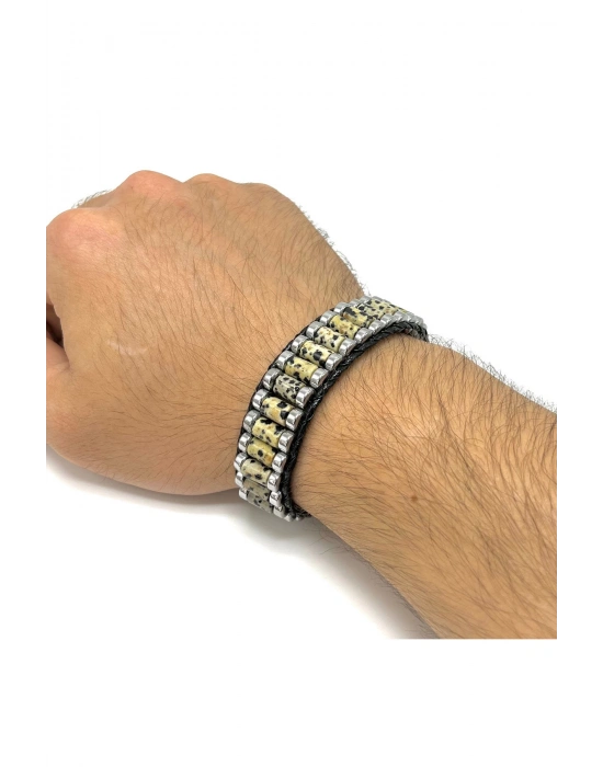 Sertifikalı Dalmaçyalı Jasper ve Hematit Silindir Kesim Kilitli Doğal Taş Deri Erkek Bileklik