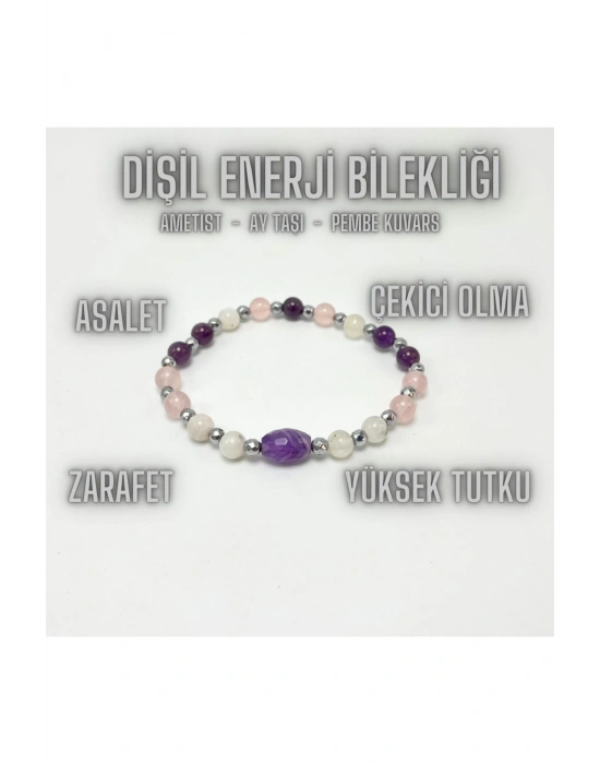 SERTİFİKALI Dişil Enerji Doğal Taş Bileklik - Ay Taşı - Pembe Kuvars - Ametist
