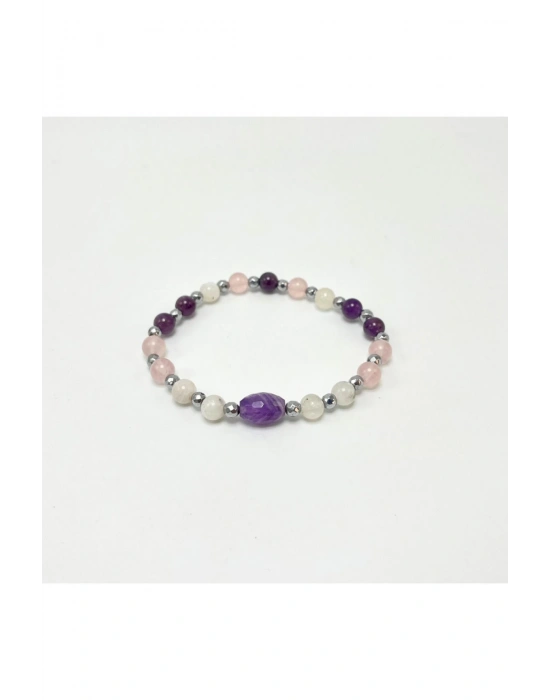SERTİFİKALI Dişil Enerji Doğal Taş Bileklik - Ay Taşı - Pembe Kuvars - Ametist