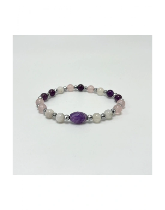 SERTİFİKALI Dişil Enerji Doğal Taş Bileklik - Ay Taşı - Pembe Kuvars - Ametist