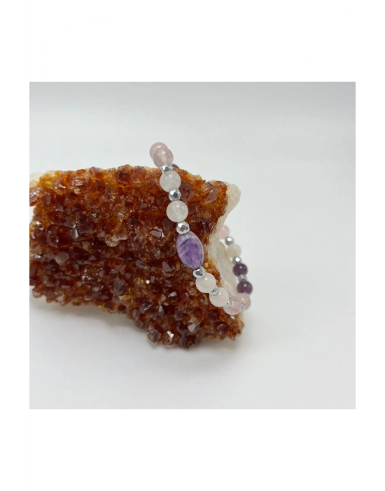 SERTİFİKALI Dişil Enerji Doğal Taş Bileklik - Ay Taşı - Pembe Kuvars - Ametist