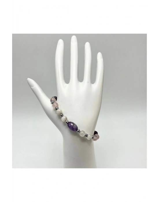 SERTİFİKALI Dişil Enerji Doğal Taş Bileklik - Ay Taşı - Pembe Kuvars - Ametist