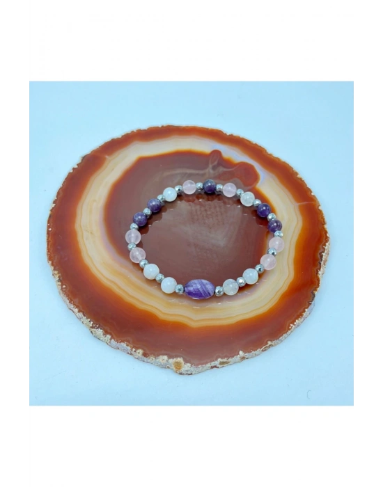 SERTİFİKALI Dişil Enerji Doğal Taş Bileklik - Ay Taşı - Pembe Kuvars - Ametist