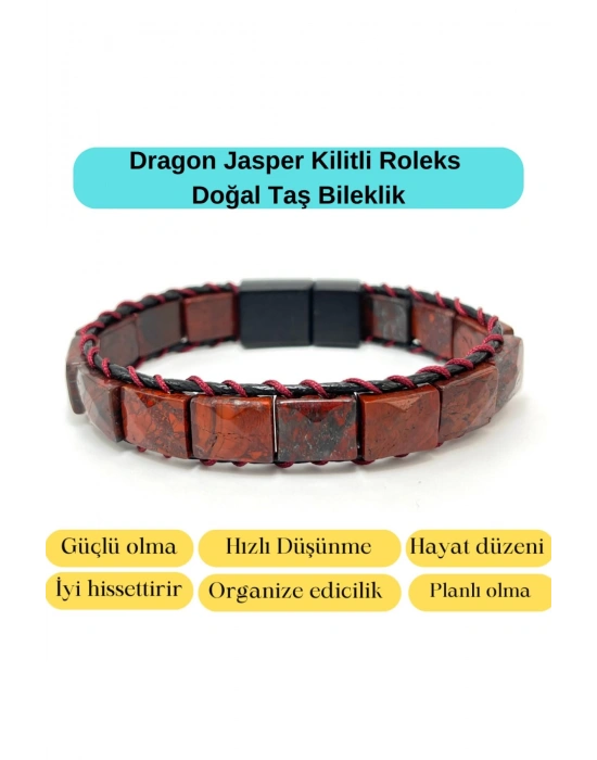 Sertifikalı Dragon Jasper Kilit Kapama Roleks Doğal Taş Deri Bileklik