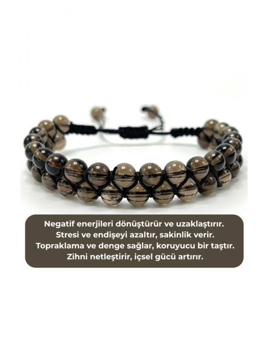 SERTİFİKALI Dumanlı Kuvars Çift Sıra Doğal Taş Makrome Bileklik Ayarlanabilir Ölçü