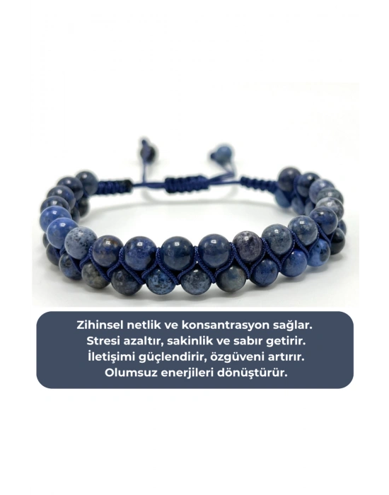 SERTİFİKALI Dumortierit Çift Sıra Doğal Taş Makrome Bileklik Ayarlanabilir Ölçü