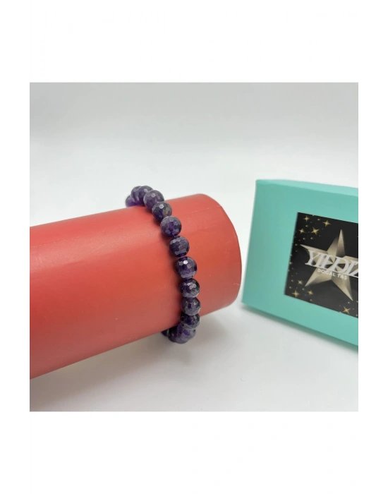 Sertifikalı Fasetli Ametist 8mm Elastik Misinalı Doğal Taş Bileklik