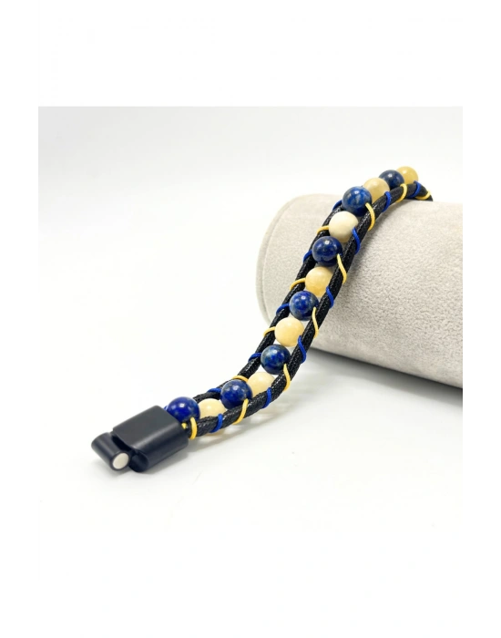 Sertifikalı FB Kalın Deri Doğal Taş Bileklik Kilit Kapama Kalsit ve Lapis Lazuli Taşı