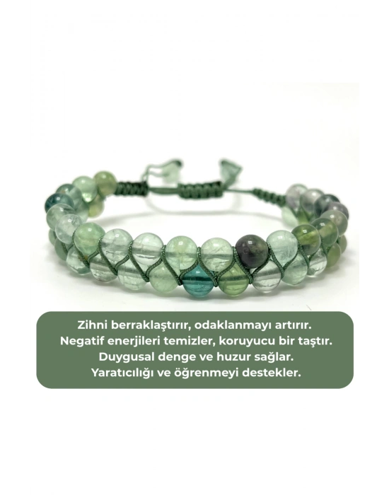 SERTİFİKALI Florit Çift Sıra Doğal Taş Makrome Bileklik Ayarlanabilir Ölçü