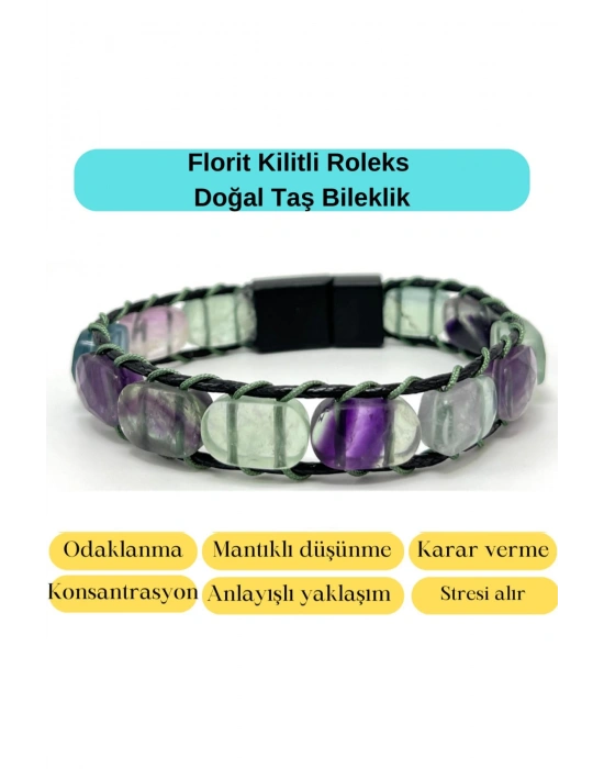 Sertifikalı Florit Kilit Kapama Roleks Doğal Taş Deri Bileklik