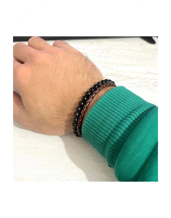 Sertifikalı Gerçek Deri Obsidyen Doğal Taş Bileklik Mıknatıslı Kilit