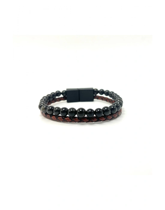 Sertifikalı Gerçek Deri Obsidyen Doğal Taş Bileklik Mıknatıslı Kilit