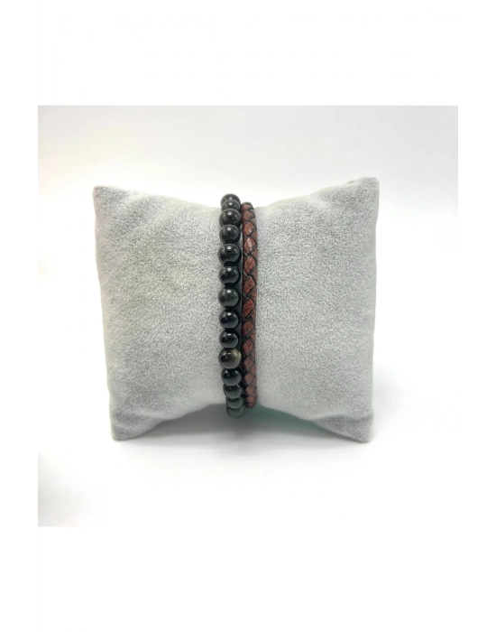 Sertifikalı Gerçek Deri Obsidyen Doğal Taş Bileklik Mıknatıslı Kilit