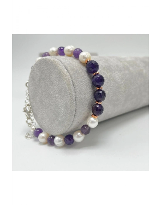 Sertifikalı Gerçek İnci Ametist 925 Ayar Gümüş Bileklik Uzatma Zincirli