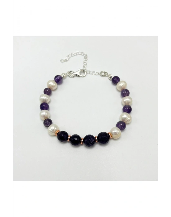 Sertifikalı Gerçek İnci Ametist 925 Ayar Gümüş Bileklik Uzatma Zincirli