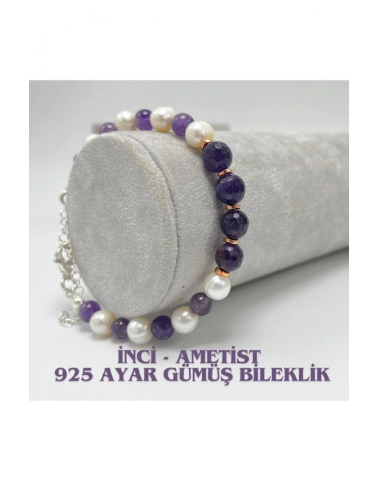 Sertifikalı Gerçek İnci Ametist 925 Ayar Gümüş Bileklik Uzatma Zincirli