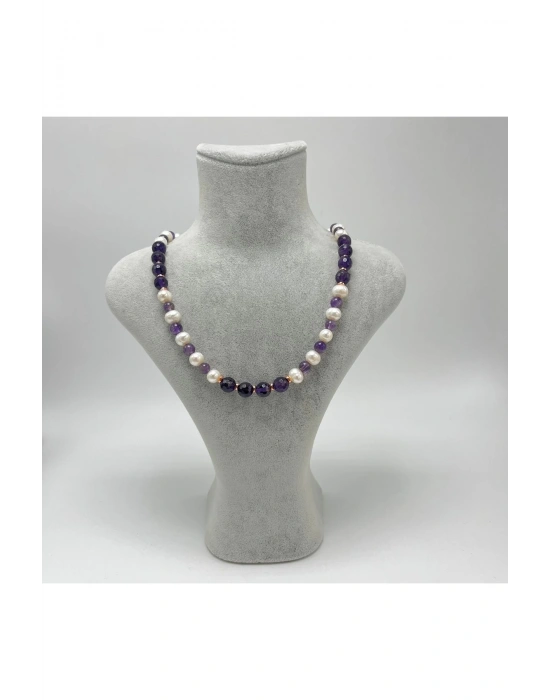 Sertifikalı Gerçek İnci Ametist 925 Ayar Gümüş Kolye Uzatma Zincirli