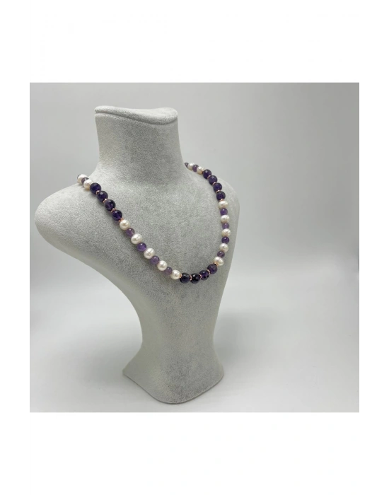 Sertifikalı Gerçek İnci Ametist 925 Ayar Gümüş Kolye Uzatma Zincirli