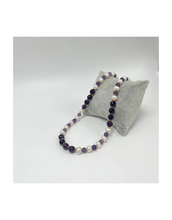 Sertifikalı Gerçek İnci Ametist 925 Ayar Gümüş Kolye Uzatma Zincirli