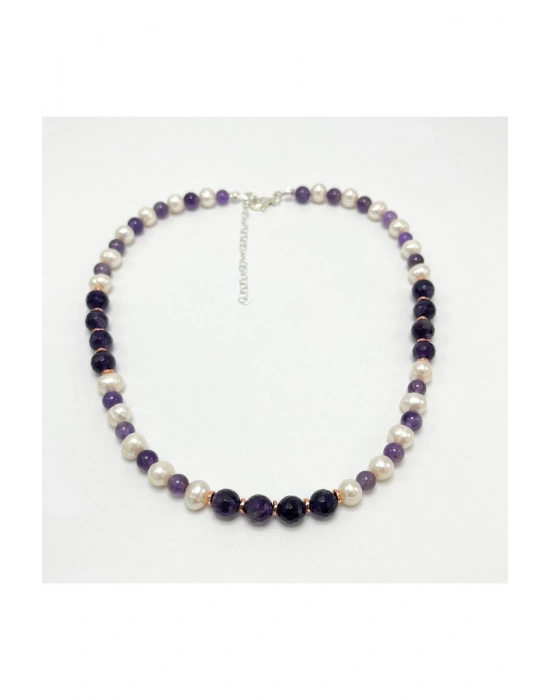 Sertifikalı Gerçek İnci Ametist 925 Ayar Gümüş Kolye Uzatma Zincirli