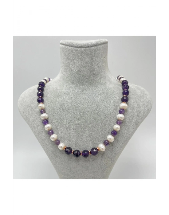 Sertifikalı Gerçek İnci Ametist 925 Ayar Gümüş Kolye Uzatma Zincirli