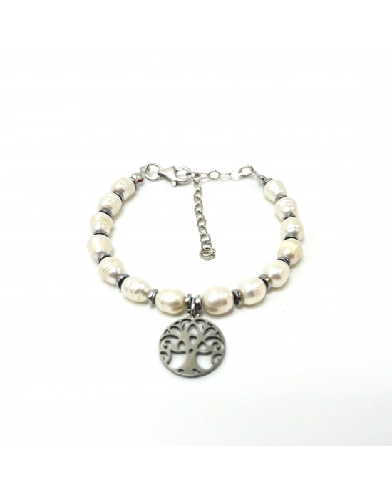 Sertifikalı Gerçek İnci Çelik Hayat Ağacı Aparatlı 925 Ayar Gümüş Bileklik - Uzatma Zincirli