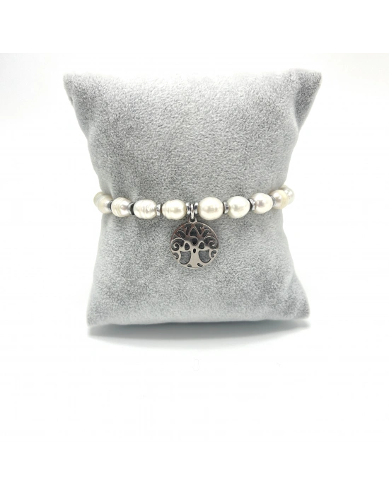 Sertifikalı Gerçek İnci Çelik Hayat Ağacı Aparatlı 925 Ayar Gümüş Bileklik - Uzatma Zincirli