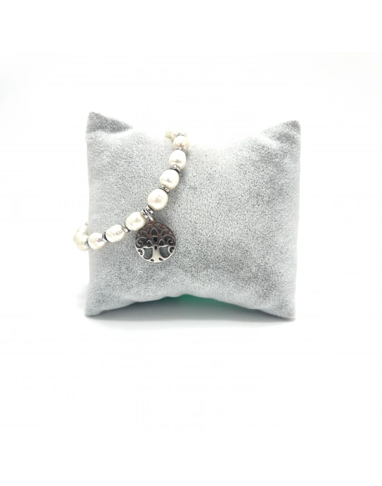 Sertifikalı Gerçek İnci Çelik Hayat Ağacı Aparatlı 925 Ayar Gümüş Bileklik - Uzatma Zincirli