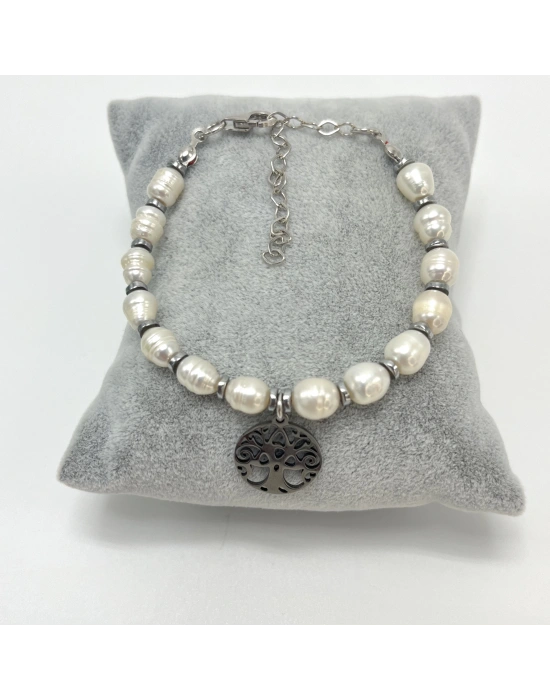 Sertifikalı Gerçek İnci Çelik Hayat Ağacı Aparatlı 925 Ayar Gümüş Bileklik - Uzatma Zincirli