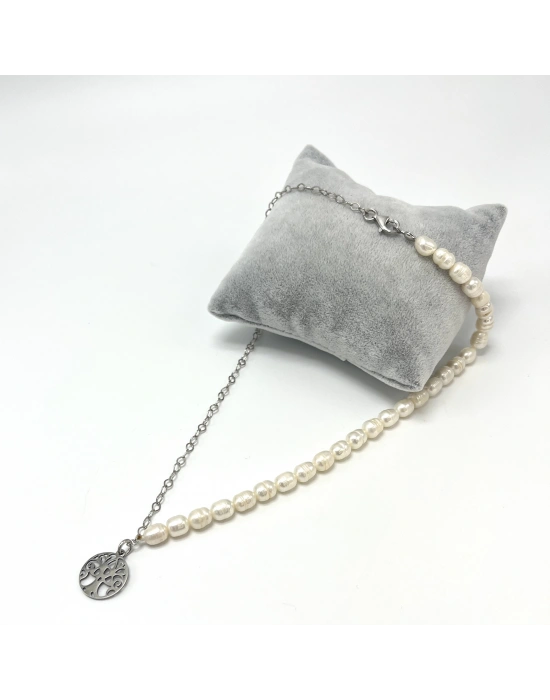 Sertifikalı Gerçek İnci Çelik Hayat Ağacı Aparatlı 925 Ayar Gümüş Kolye - Uzatma Zincirli