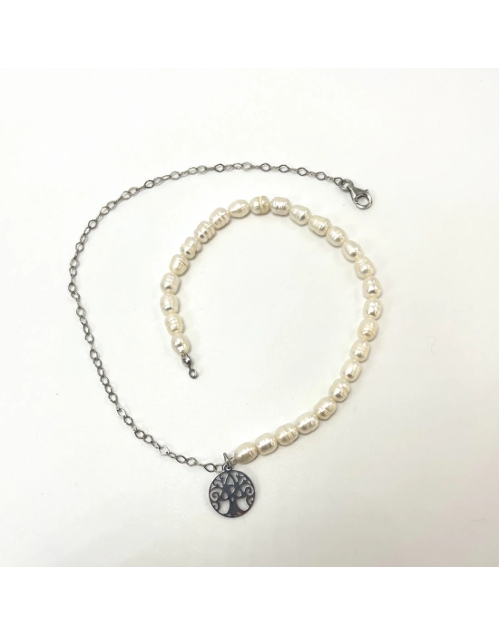 Sertifikalı Gerçek İnci Çelik Hayat Ağacı Aparatlı 925 Ayar Gümüş Kolye - Uzatma Zincirli