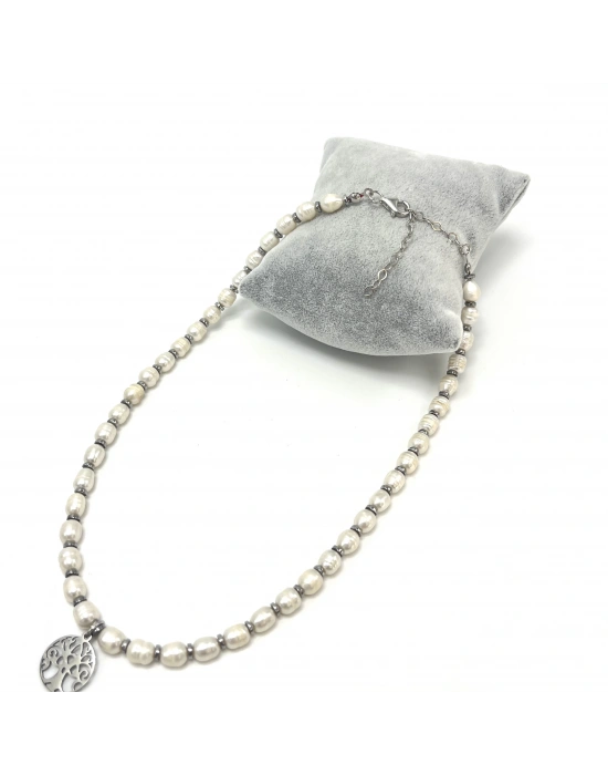 Sertifikalı Gerçek İnci Çelik Hayat Ağacı Aparatlı 925 Ayar Gümüş Kolye - Uzatma Zincirli