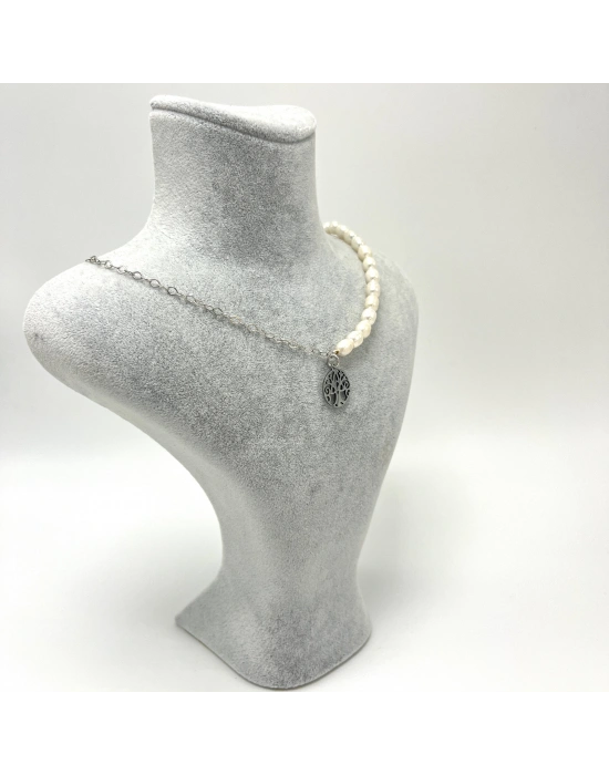 Sertifikalı Gerçek İnci Çelik Hayat Ağacı Aparatlı 925 Ayar Gümüş Kolye - Uzatma Zincirli